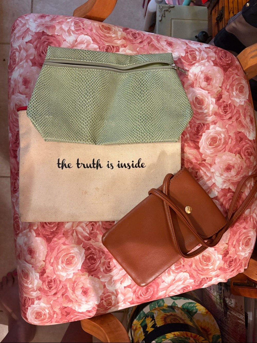 Canvas Tote Pouch with Green Zip Top and Brown Crossbody Wallet